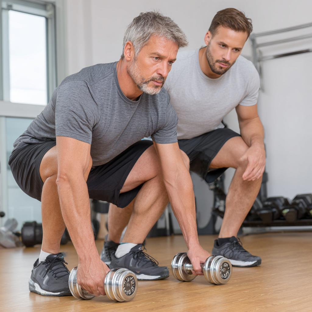 Досвідчена жінка 55 років виконує функціональні вправи з тренером, демонструючи правильну техніку та концентрацію